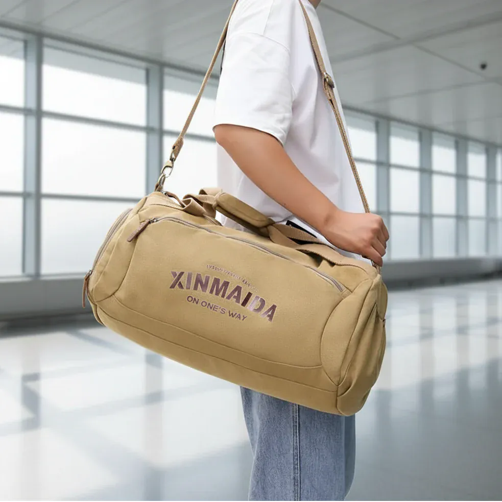 Male Travel Bags Large Capacity Canvas Bag Men Fitness Sports Training Handbag with Shoes Pocket Khaki Shoulder Bags XM332